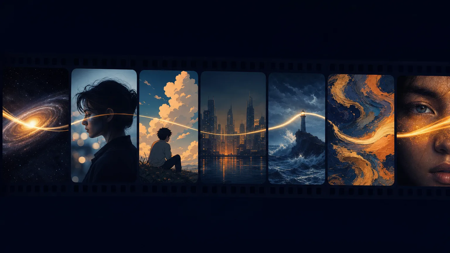 Bande de vignettes vidéo de styles différents reliées par un même flux continu