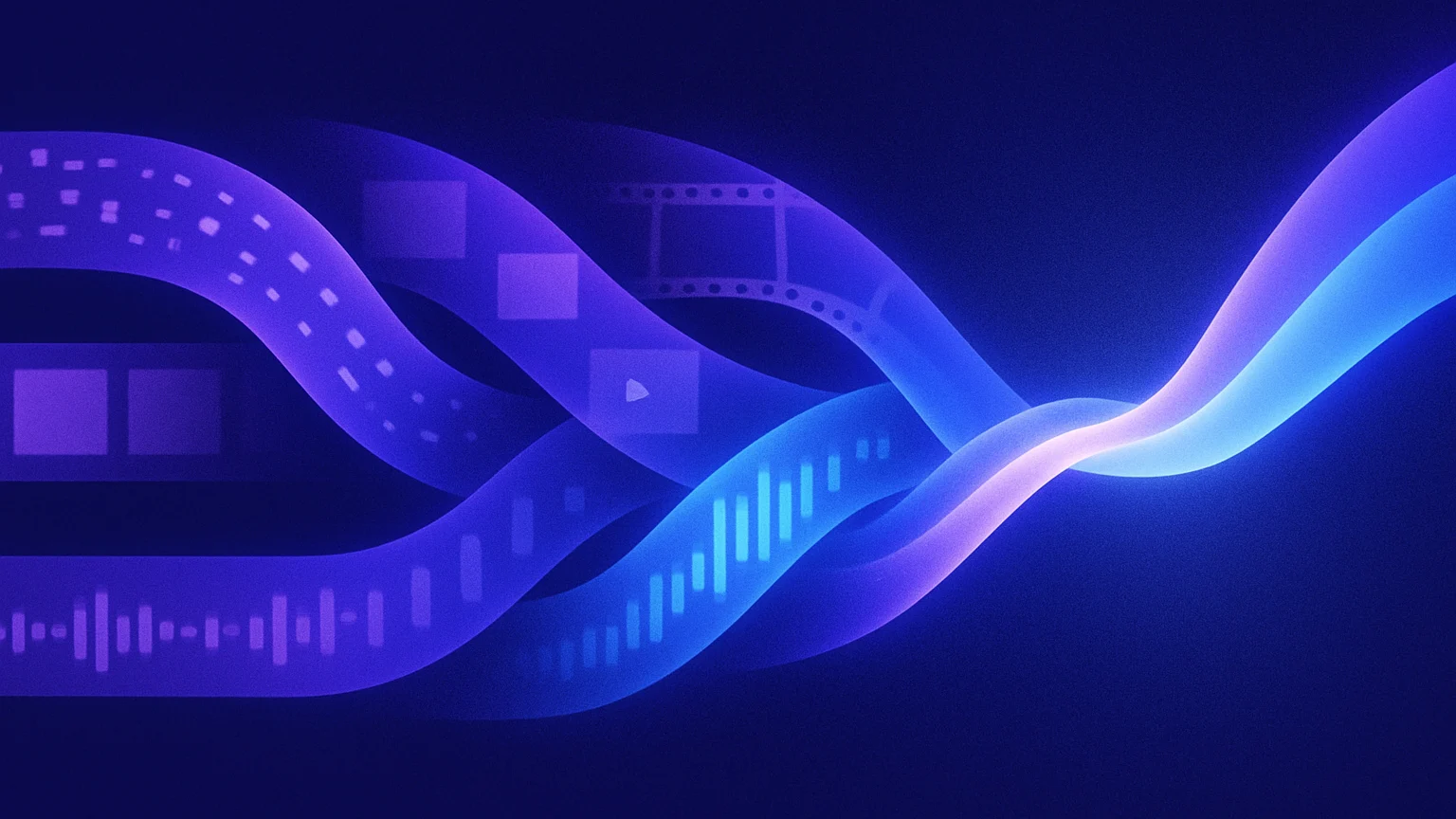 Quatre flux de modalités, texte, image, vidéo et audio, convergent vers un seul faisceau unifié