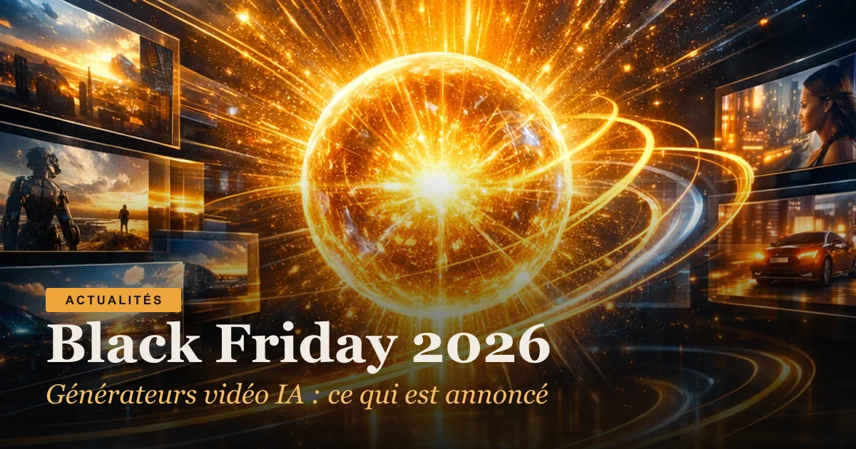 Sphère lumineuse dorée entourée d'écrans vidéo, avec le titre Black Friday 2026 et générateurs vidéo IA
