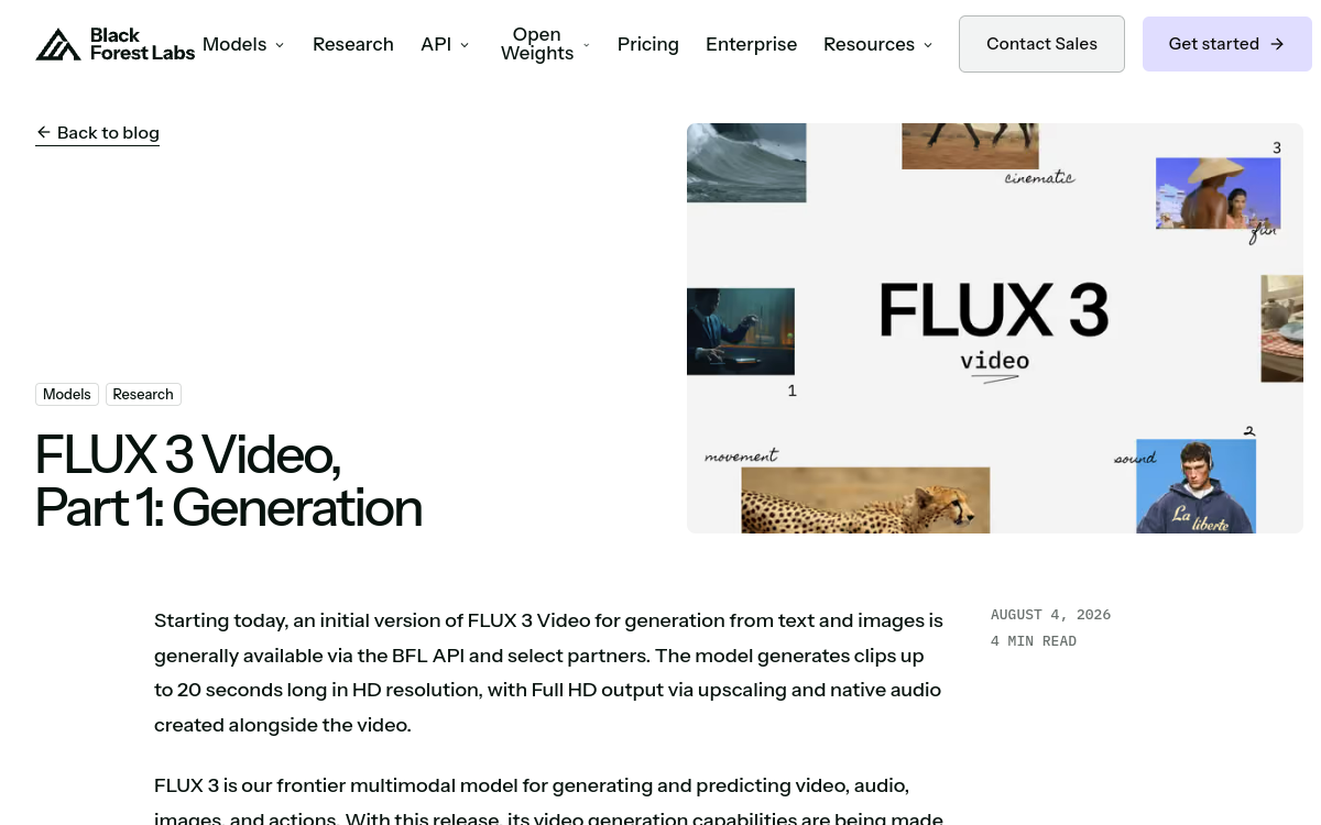 Billet d'annonce FLUX 3 Video Part 1 Generation sur le site de Black Forest Labs, date du 4 aout 2026