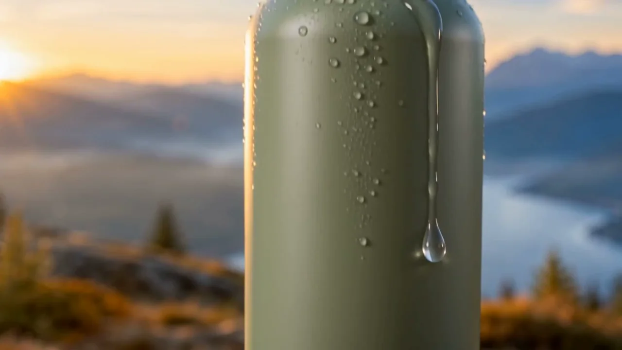 Plan macro de la publicité test : gourde vert sauge avec une goutte d'eau qui glisse sur l'inox