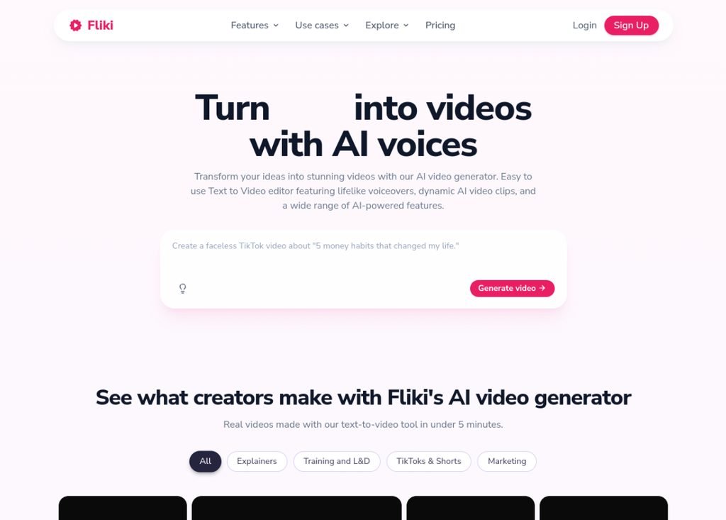 Capture de la page d'accueil de Fliki (fliki.ai)