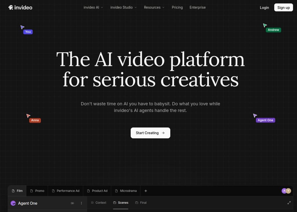 Capture de la page d'accueil de InVideo AI (invideo.io)